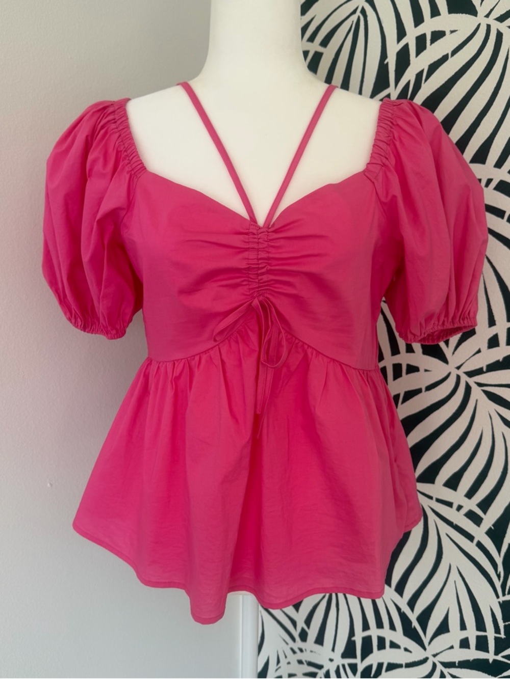 Aqua Vibrant Hot Pink Puff Sleeve Peplum Top